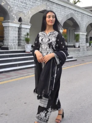 Black chickankari white embroidery 3 piece stitch
