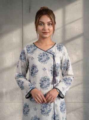 Elegant Blue Floral Angrakha Style 2-Piece Suit