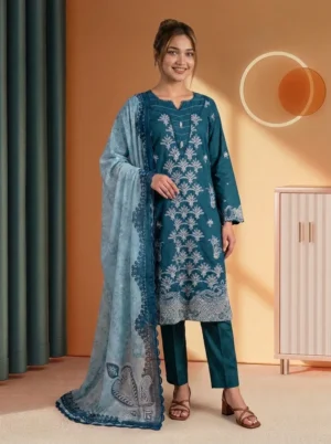 Stitched 3-Piece Teal Floral Embroidered Suit - Mushk Collection