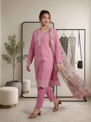 oft Pink Embroidered 3PC Outfit with Floral Dupatta | Rang E Riwayat