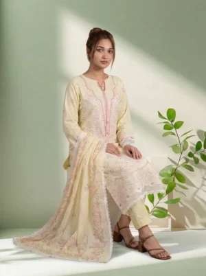 RANG E RIWAYAT Light Lemon Embroidered Stitched 3PC - Floral Dupatta