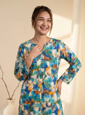 Aqua & Mustard Abstract Painterly 2-Piece Suit