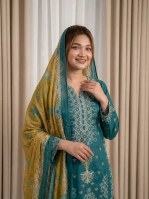 Deep Teal & Mustard Embroidered Lawn 3-Piece Stitched Suit | Mushk Collection