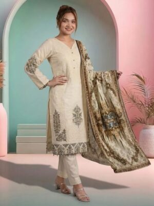 Embroidered Off-White 3PC Chikan Kari Ensemble