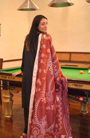 Classic Chikankari Lawn Ensemble with Digital Printed Dupatta (HSNRHRCHKBLK-Rust)